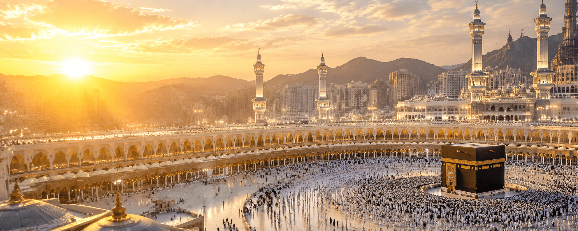 Masjid al-Haram at golden hour, pilgrims gathered around the Kaaba